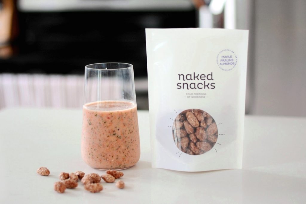 strawberry and banana smoothie with maple praline almonds