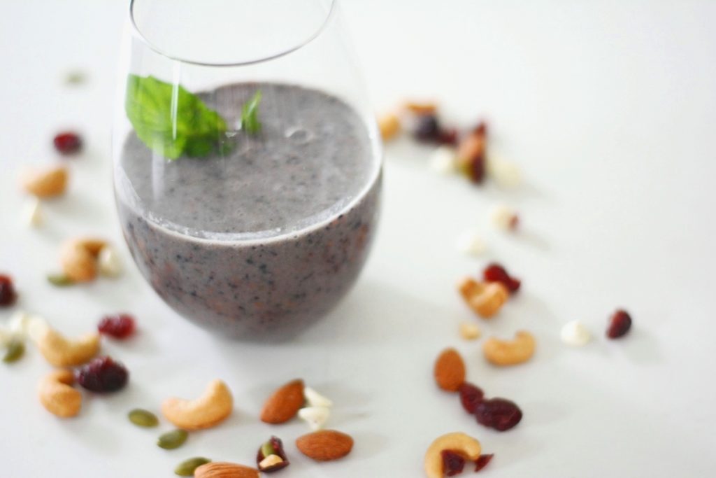 blueberry smoothie and snacks