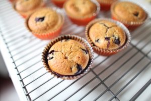 Blueberry muffins cooling on a rack