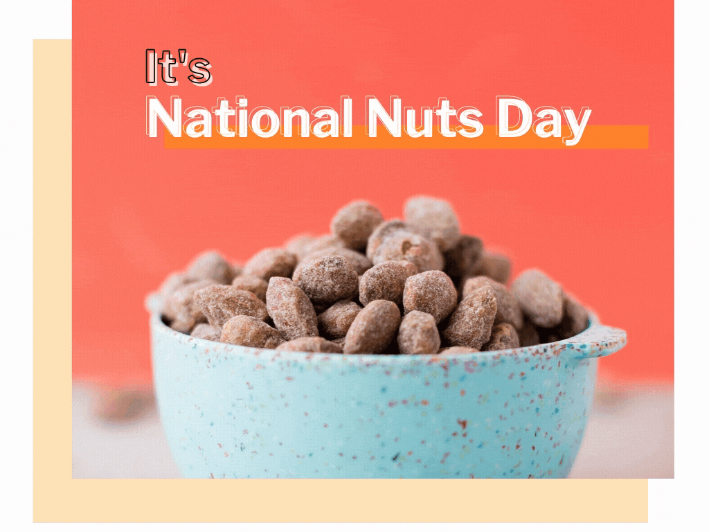 National nuts day gif, with a blue bowl of nuts on a red background