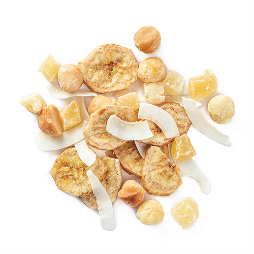 aloha kauai: banana chips, macadamia nuts, dried pineapple and coconut ribbons snack mix