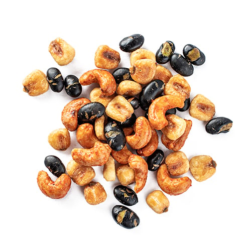 mexican remix snack mix made of roasted black beans, corn nuts and sriracha cashews by Laid Back Snacks