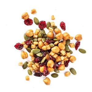 nutless wonder snack mix made of dried cranberries, salted chickpeas, apple pieces and pumpkin seeds
