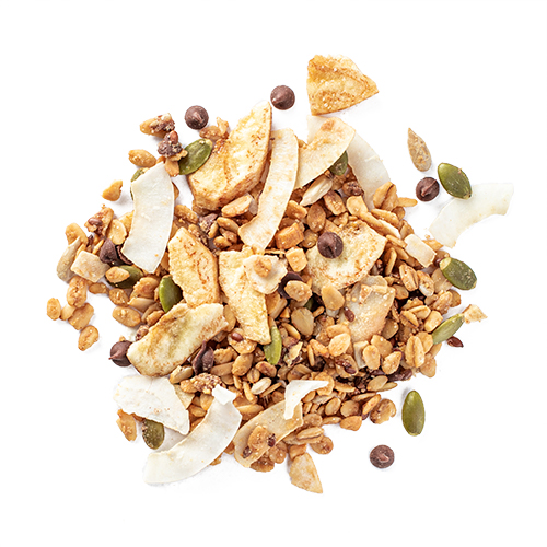 PB Chocolate Granola snack mix made of organic oats, chocolate chips, banana chips, organic peanut butter, pumpkin seeds, peanuts, coconut ribbons, sunflower seeds and flaxseeds