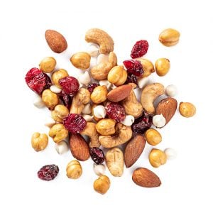 Protein power-up, a snack mix made of almonds, cashews, cranberries, yogurt chips and chickpeas by Laid Back Snacks