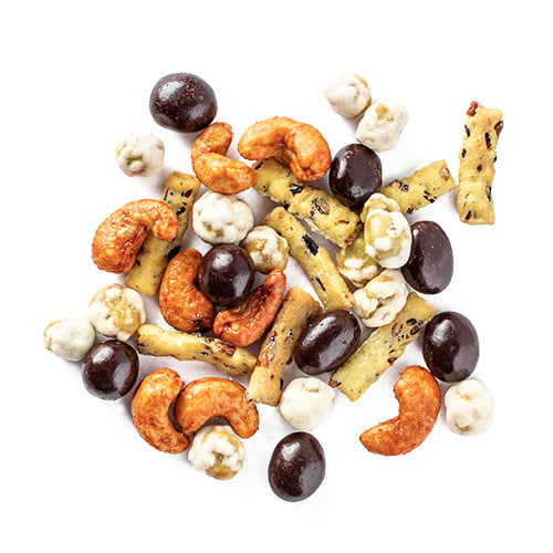 spicy joe snack mix: sriracha cashews, wild rice sticks, wasabi peas, and dark chocolate covered coffee beans