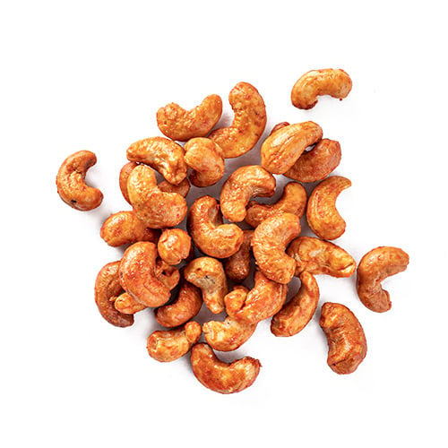 sriracha cashews snack mix made of roasted cashews, organic sriracha sauce, garlic powder and chili powder