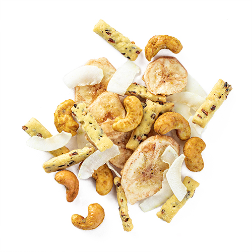 thai holiday snack mix made of dried banana chips, puffed wild rice sticks, coconut ribbons and roasted cashews