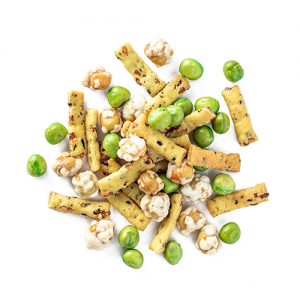 Wasabi-me snack mix made of wild puffed rice sticks, roasted peas, wasabi peas and corn nuts