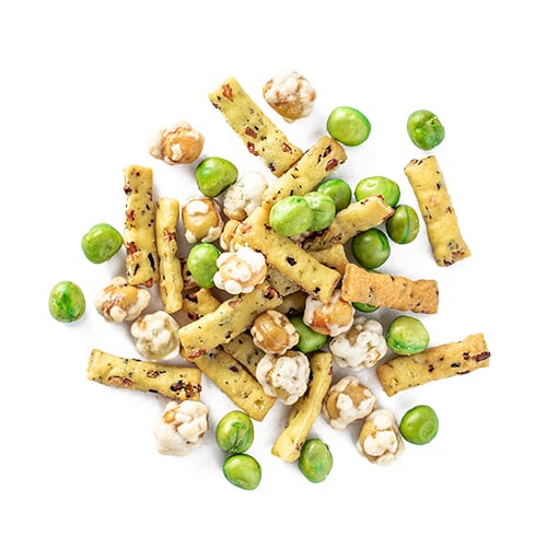 Wasabi-me snack mix made of wild puffed rice sticks, roasted peas, wasabi peas and corn nuts