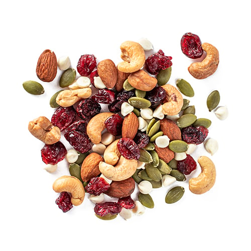 whole yogi snack mix made of almonds, cashews, sunflower seeds, cranberries and yoghurt chips