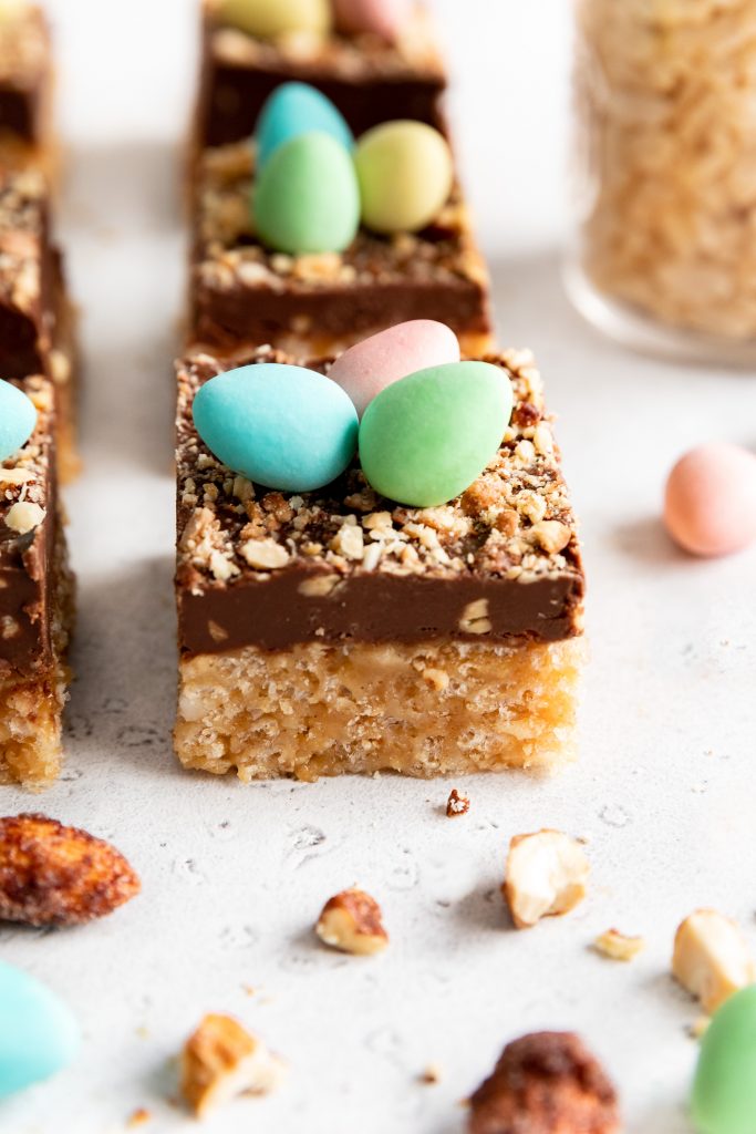 Fudge Rice Crisps Squares with Chocolate Eggs on Top